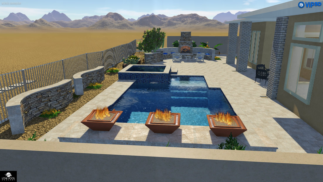 Blue glass tile water feature wall on a custom pool build by Love Pool Care